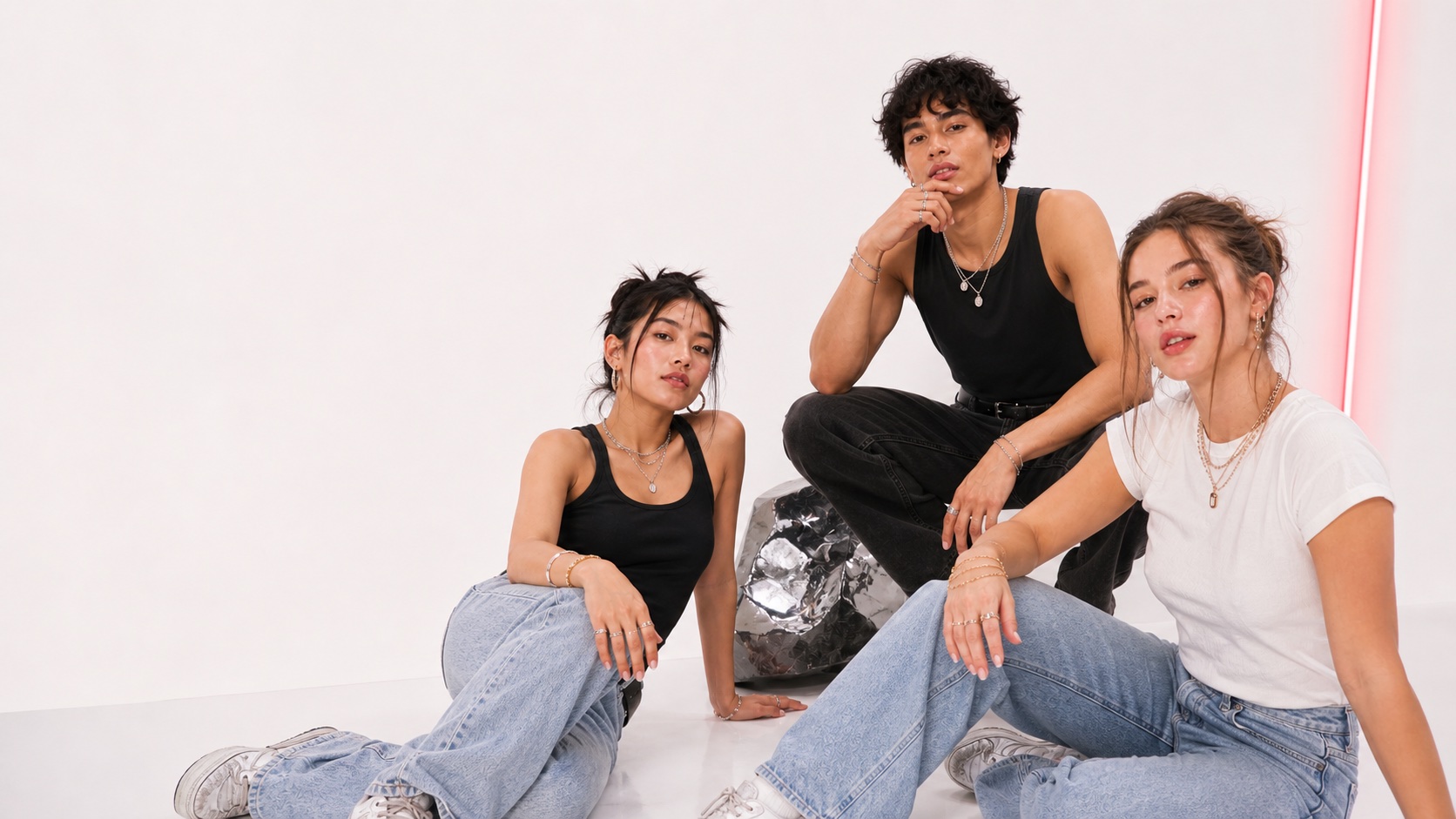 Three friends styled in accessible mixed-metal Odd Crane jewelry